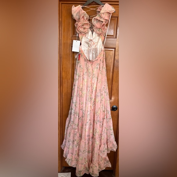 NWT Mac Duggal Spring Preview Tiered Ruffle Floral Cut-Out Chiffon | Pink/Mult - Picture 6 of 9